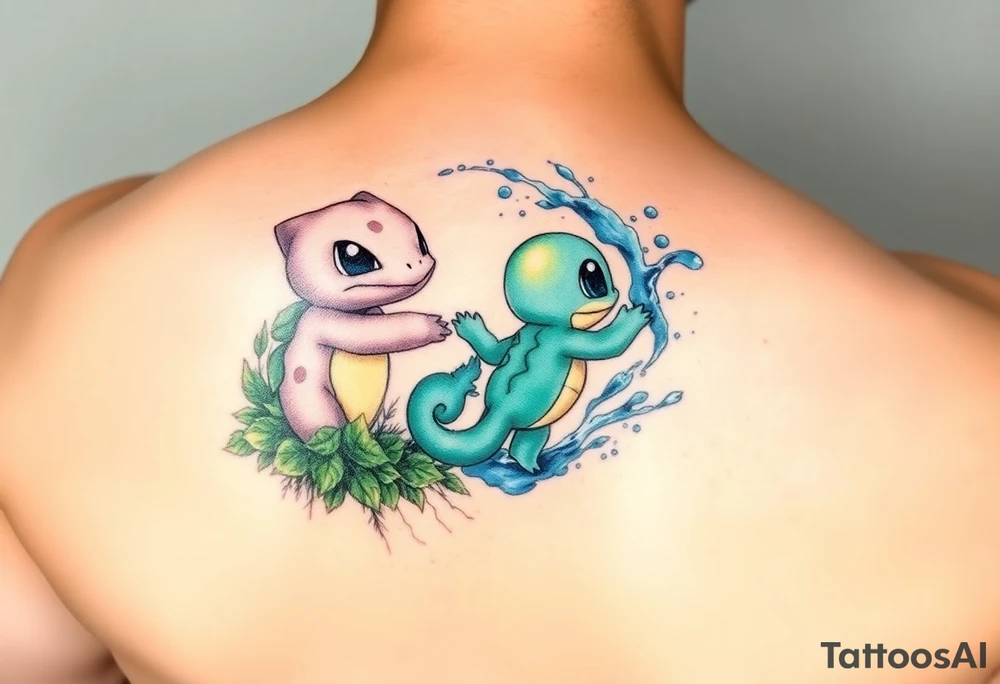 A yin-and-yang watercolor tattoo featuring Bulbasaur and Squirtle in their natural habitats. Bulbasaur forms the yin side, nestled in a lush forest environment with soft green watercolor washes, leaves, vines, moss, and gentle earthy textures. Squirtle forms the yang side, flowing through water with dynamic blue watercolor splashes, waves, bubbles, and light reflections. Their bodies curve together to complete the circular yin-yang symbol. The style is soft watercolor with subtle ink outlines, fluid motion, balanced contrast between earth and water, minimal background, and a harmonious, serene energy. tattoo idea