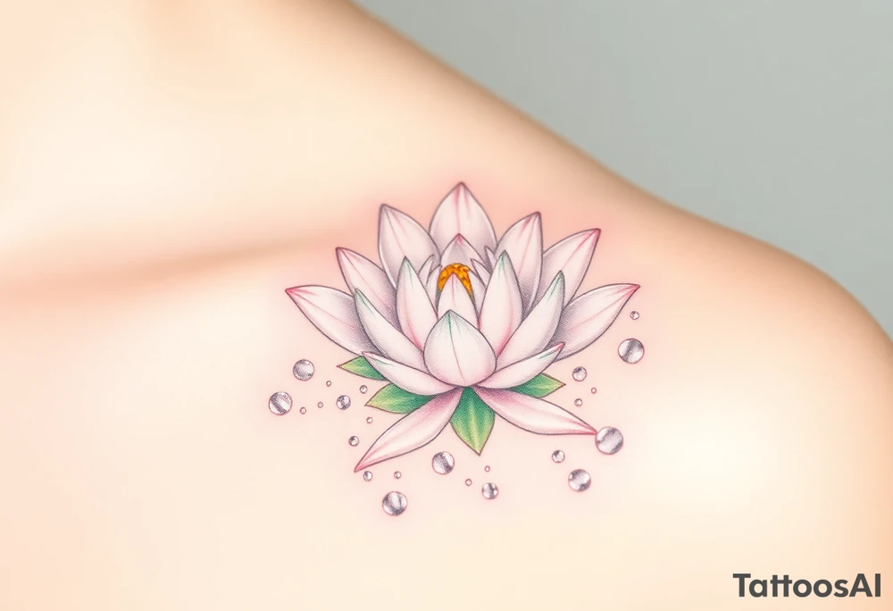 A delicate white water lily surrounded by sparkling droplets of water, symbolizing clarity and purity, with subtle pastel green and pink accents tattoo idea