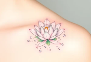 A delicate white water lily surrounded by sparkling droplets of water, symbolizing clarity and purity, with subtle pastel green and pink accents tattoo idea