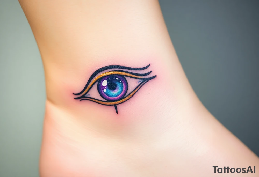 Eye of Horus with a cosmic galaxy inside the iris, swirling in shades of purple, blue, and gold tattoo idea