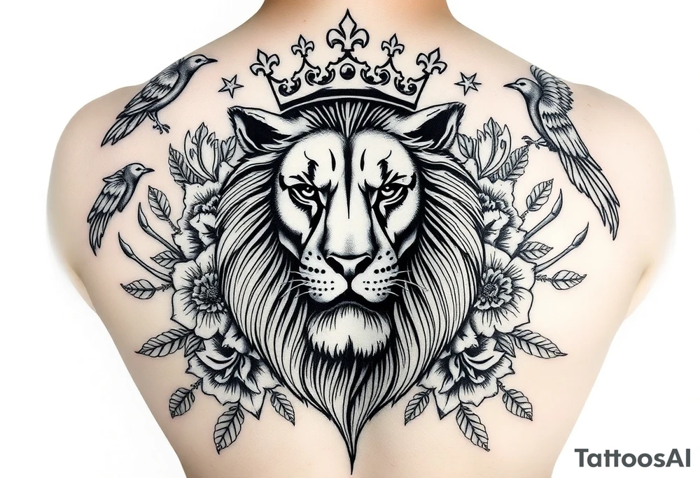 powerful majestic lion with a crown, surrounded by floral ornaments and birds tattoo idea