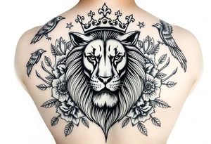 powerful majestic lion with a crown, surrounded by floral ornaments and birds tattoo idea