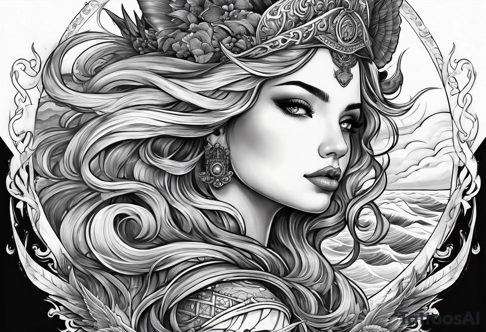 goddess, stormy sea, full length tattoo idea