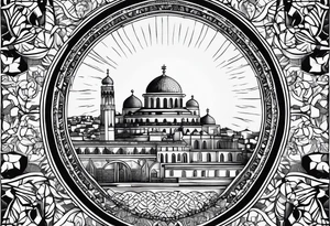 Sleeve tattoo, mosaic of Basil II, with sun shining above and city of medieval Constantinople below tattoo idea