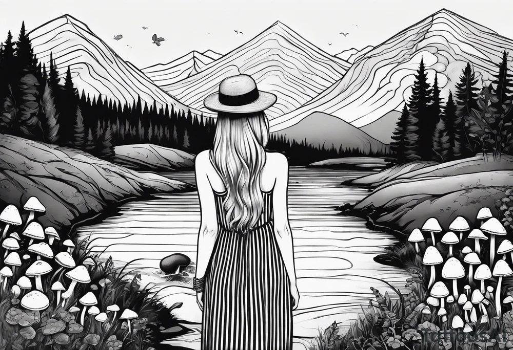 Straight long blonde hair girl in distance holding mushrooms in hand facing away toward mountains and creek surrounded by mushrooms black and white striped dress tattoo idea