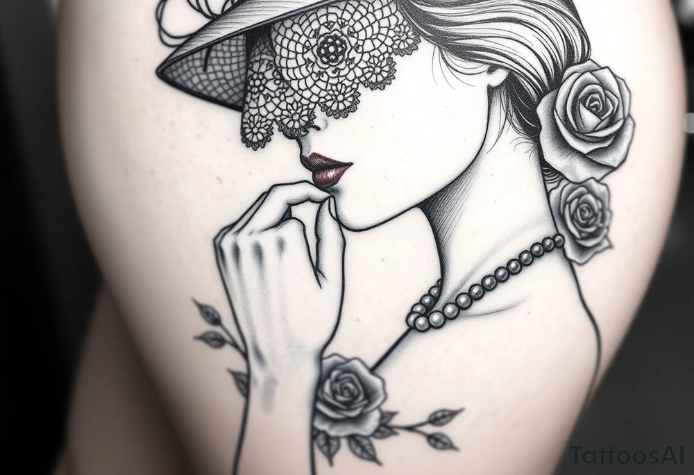 Black and white profile of woman with chin pressed on hand, hat with lace covering her eyes as she looks to the distance
, pearl necklace In her mouth with red lips flowers around her with one red rose standing out thigh tattoo tattoo idea