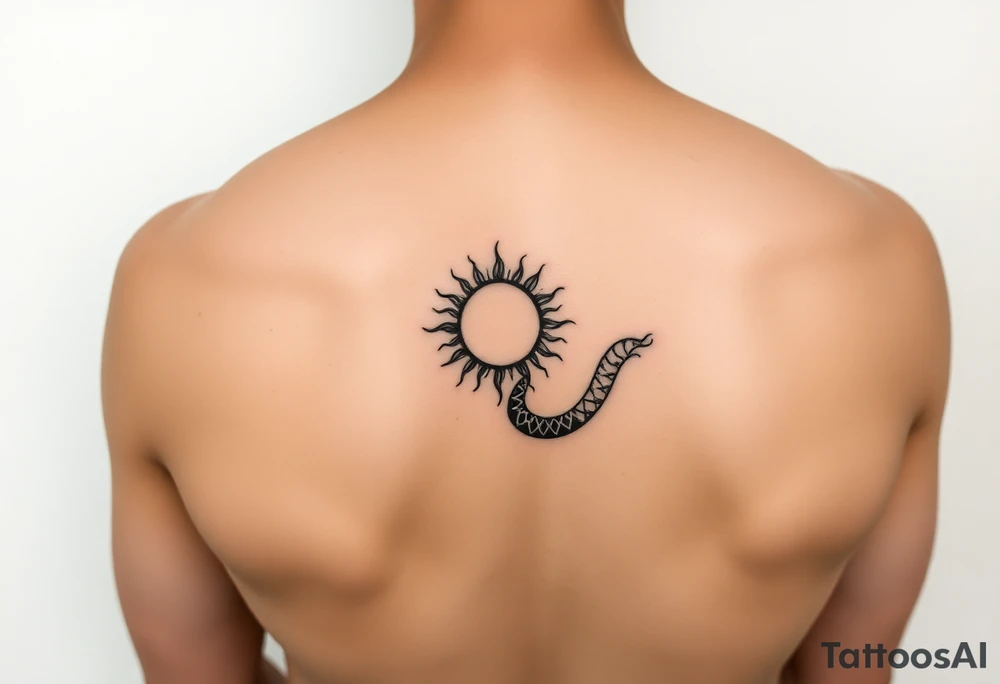 "Minimalist black tattoo band, fusion of Polynesian and Chinese styles. Greek meander base with:  
- ☀️ Simple sun (circle + 4 rays)  
- 🐉 Stylized dragon (zigzag line)  

Rules:  
- Only black ink, no shading  
- Symbols integrated into meander line  
- Seamless loop for forearm wrap  
- No small details, bold lines" tattoo idea
