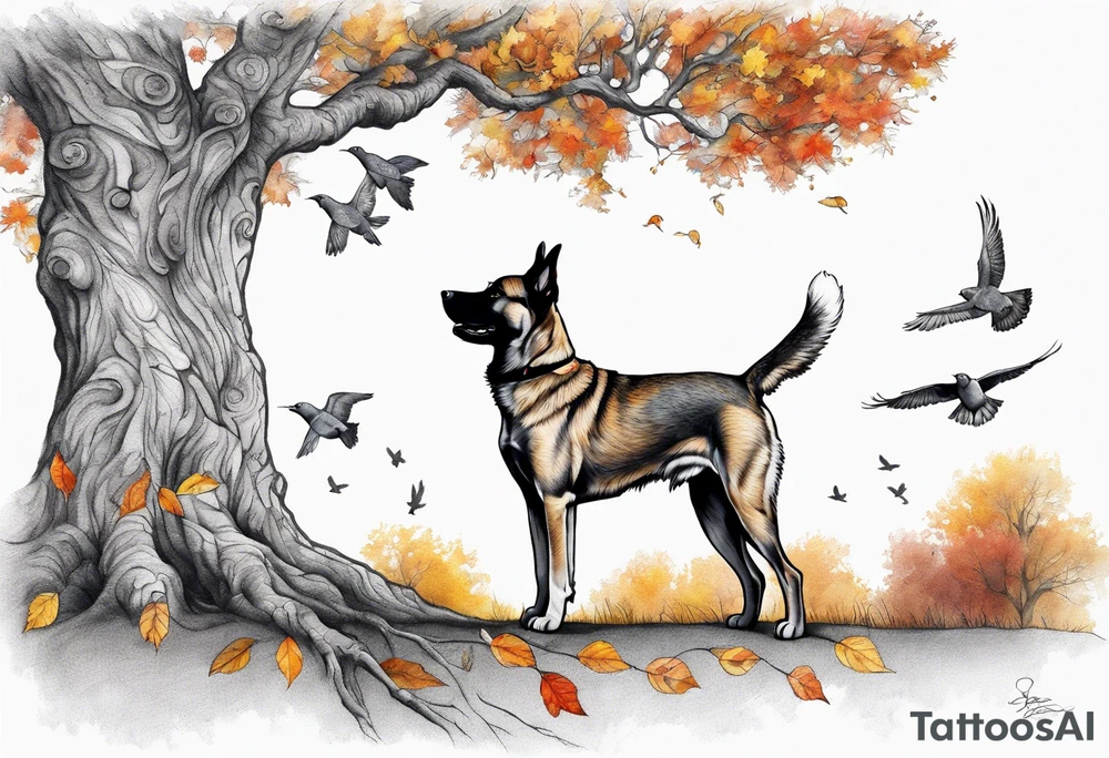 Autumn tree with a medium size grey brindle dog sitting to the right facing it looking up and birds flying from the top right of the tree far view tattoo idea