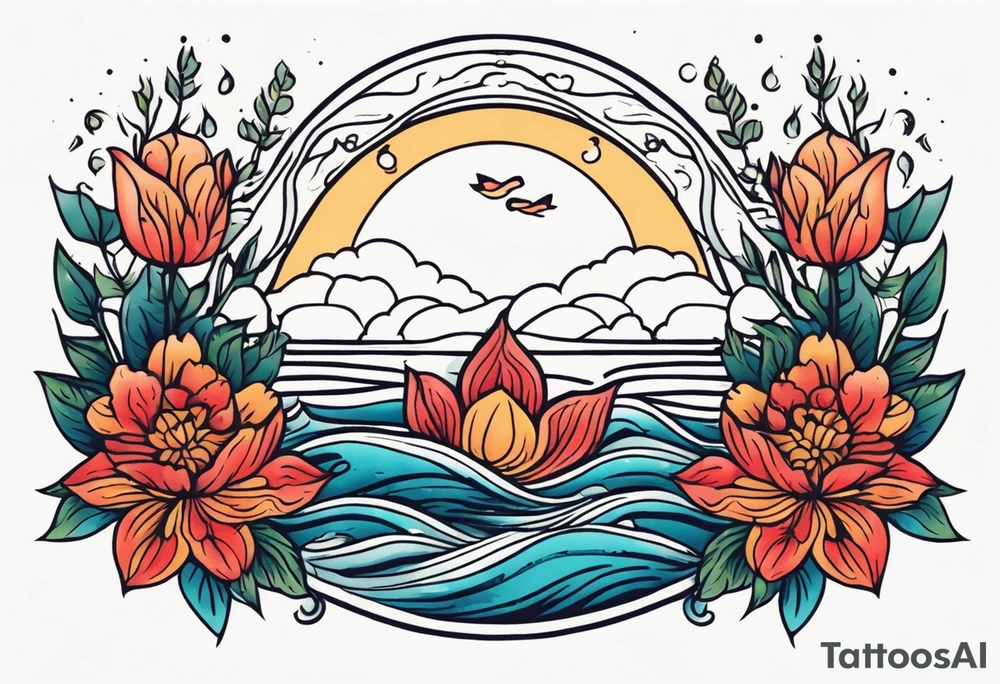 deep waters 
vintage tattoo style old school traditional bold color simple with flowers surrounded tattoo idea