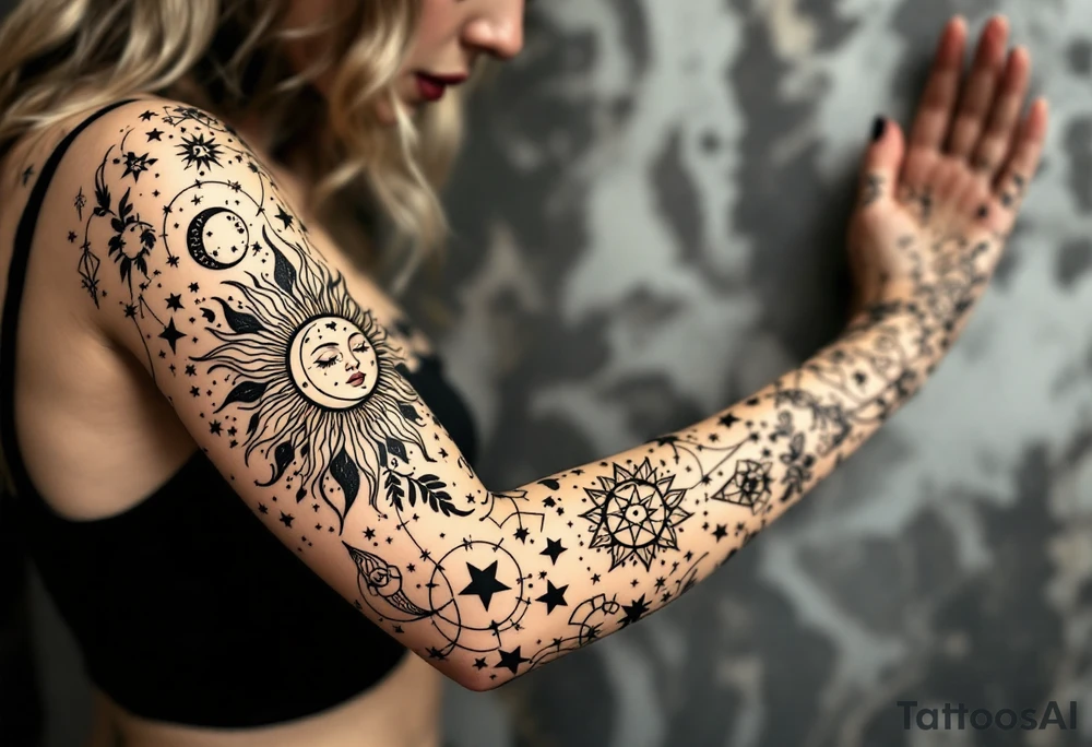 celestial sun and moon embrace with constellation patterns tattoo idea