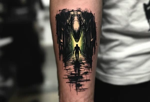 A silhouette of a Xenomorph stalking through a dark hallway, its outline softly illuminated by an eerie green light from above. tattoo idea