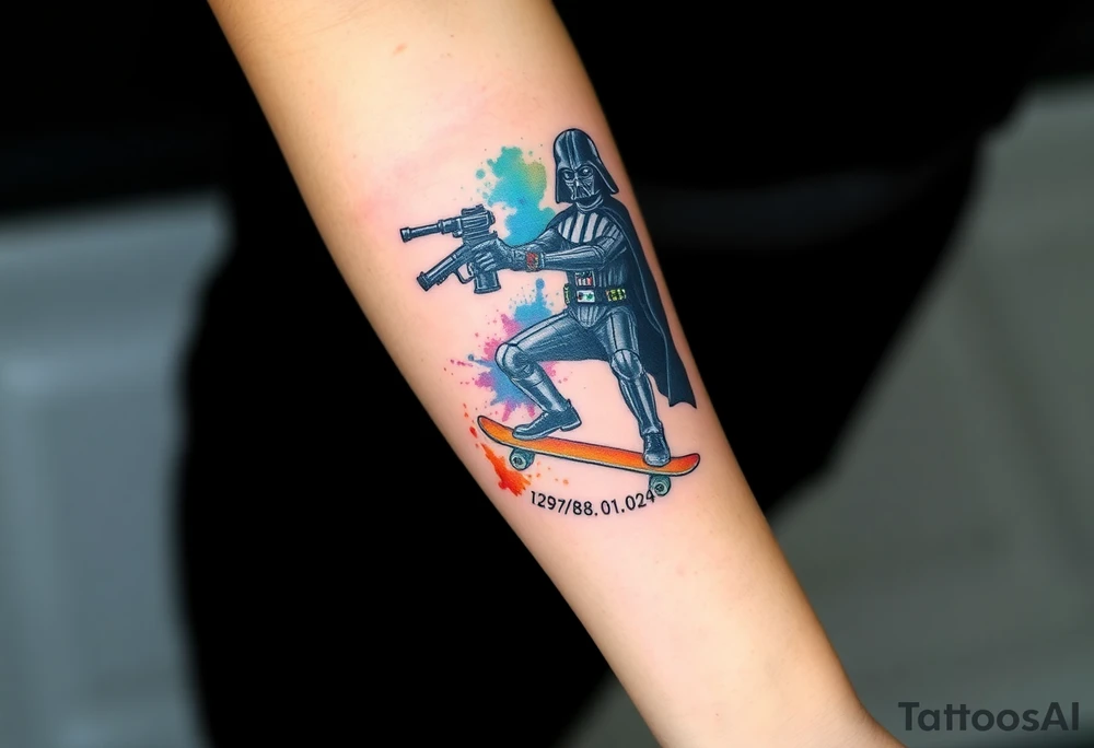 Darth Vader skateboarding with gun> bullets > memorial > god > colors > futuristic 
add name "Darth Carter" on skateboard
add date in loving memory 12/29/88-01/06/24 tattoo idea