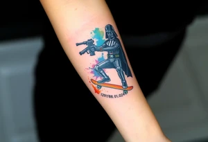 Darth Vader skateboarding with gun> bullets > memorial > god > colors > futuristic 
add name "Darth Carter" on skateboard
add date in loving memory 12/29/88-01/06/24 tattoo idea
