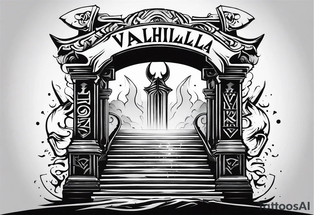 Valhalla 
 sword stairs axe mist fog tattoo idea
