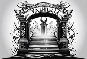 Valhalla 
 sword stairs axe mist fog tattoo idea