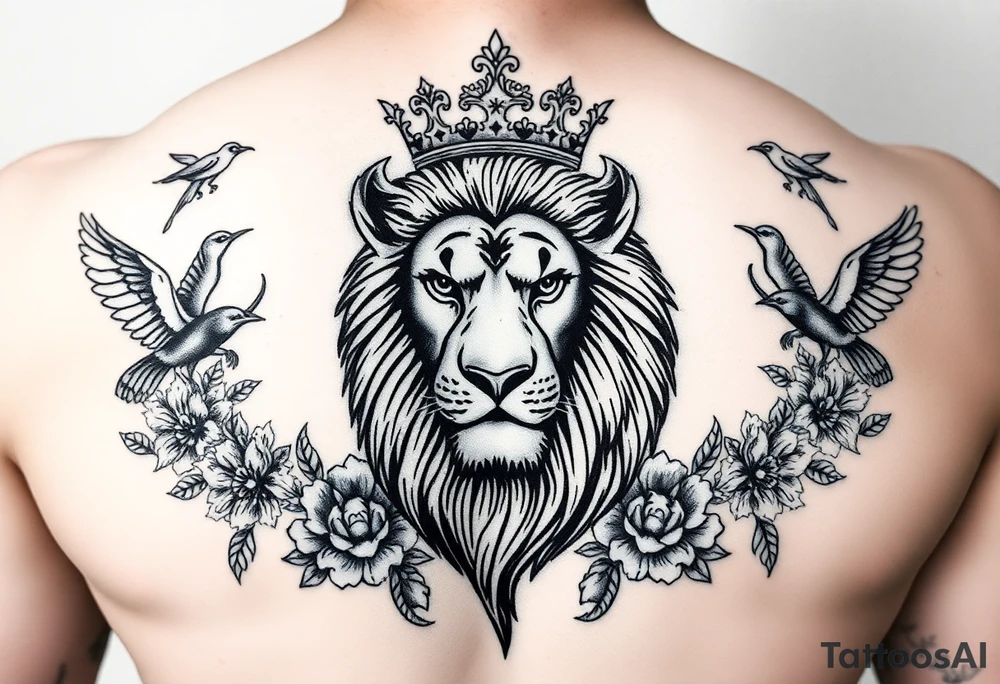 powerful majestic lion with a crown, surrounded by floral ornaments and birds tattoo idea