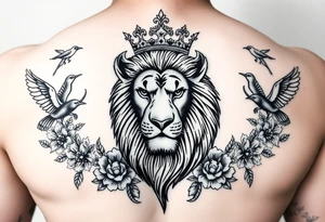 powerful majestic lion with a crown, surrounded by floral ornaments and birds tattoo idea
