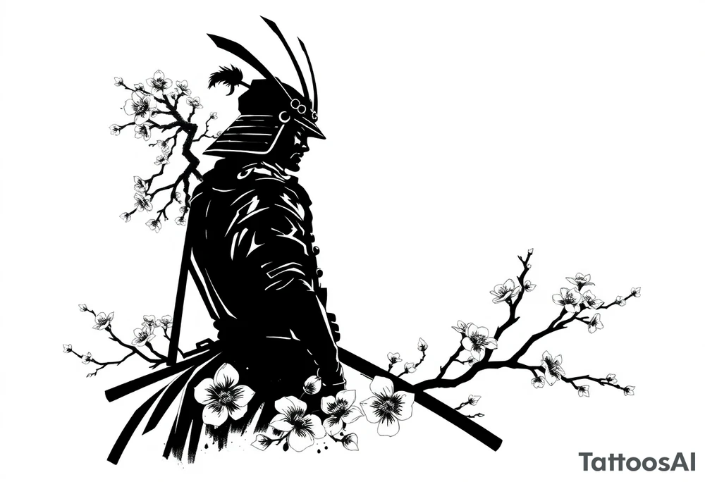 noble samurai warrior silhouette at sunset with cherry blossoms tattoo idea