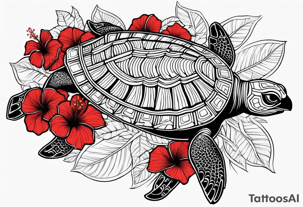 Black Polynesian turtle with red hibiscus flower in the middle of turtles shell tattoo idea