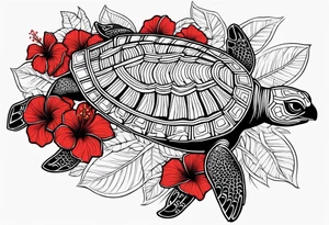 Black Polynesian turtle with red hibiscus flower in the middle of turtles shell tattoo idea