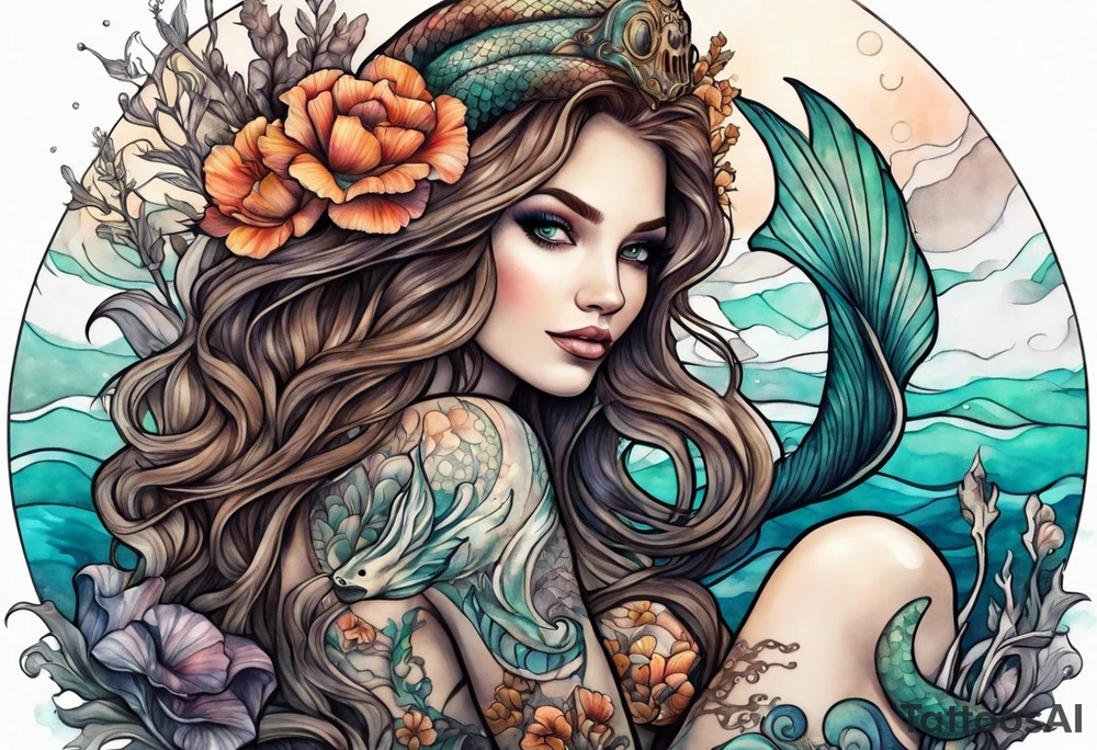 mermaid with brown hair, sitting on rock, skeleton in background of mermaid tattoo idea