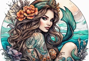 mermaid with brown hair, sitting on rock, skeleton in background of mermaid tattoo idea