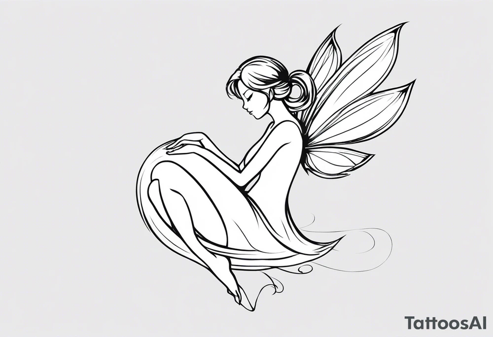 Minimalistic, monochromatic fairy with a tail flying to the left in a fetal position, leaning and looking in the same direction, with visible hands, embodying the 'Fairy Tail' logo aesthetic. tattoo idea