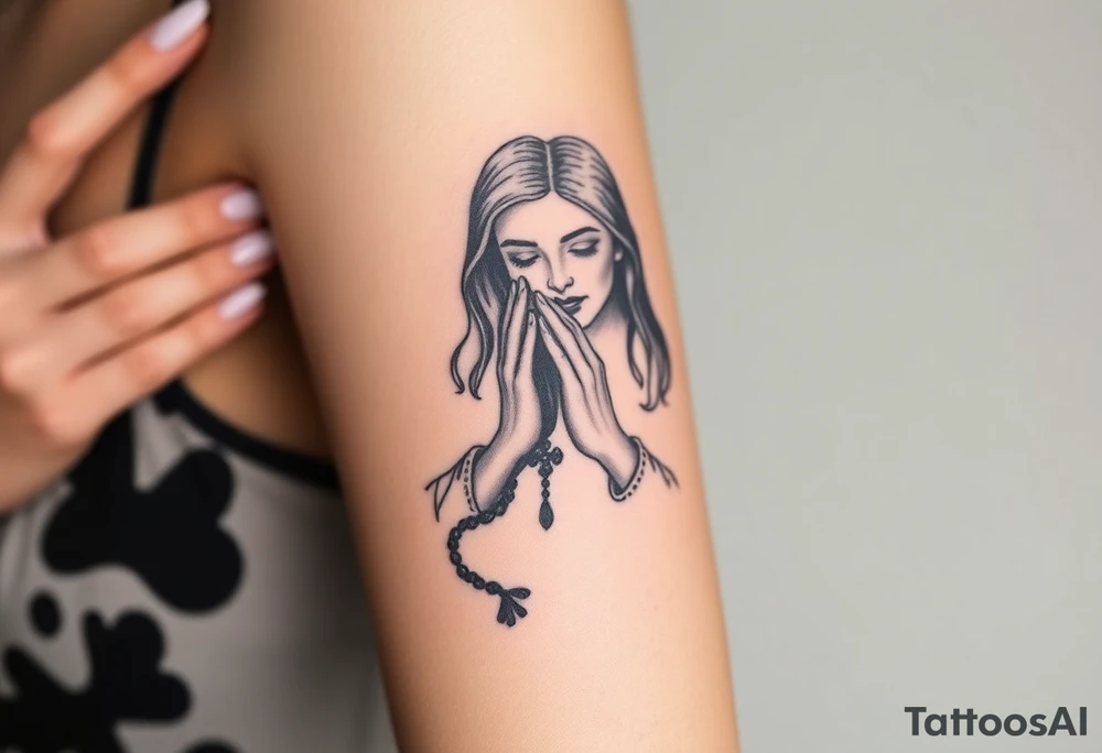 Chicano style woman with praying hands and rosary in hands tattoo idea