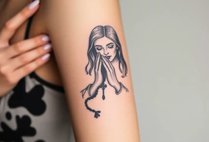 Chicano style woman with praying hands and rosary in hands tattoo idea