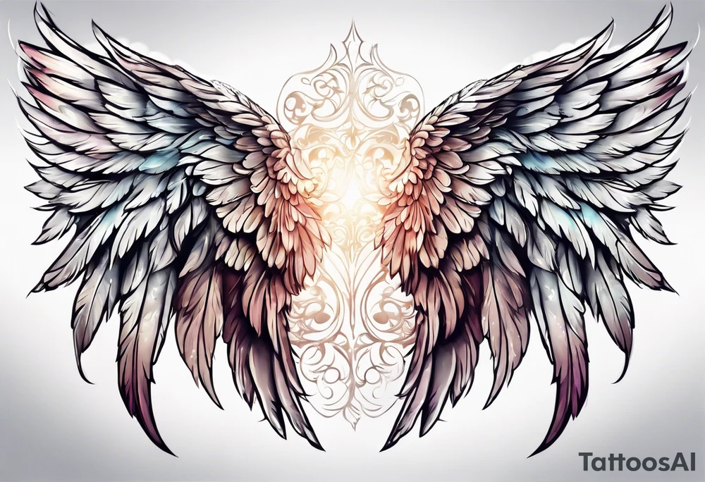 beautiful angel wings. with flilgree in the background tattoo idea