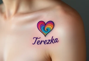 A heart with rainbow shading and Terezka written in playful bubble letters. tattoo idea