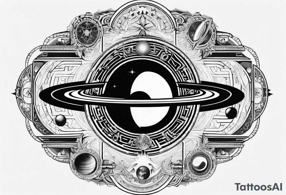 A tattoo with Saturn at the center surrounded by intricate linguistic symbols, reflecting the client's interests in cosmology and linguistics. tattoo idea