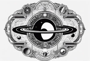 A tattoo with Saturn at the center surrounded by intricate linguistic symbols, reflecting the client's interests in cosmology and linguistics. tattoo idea