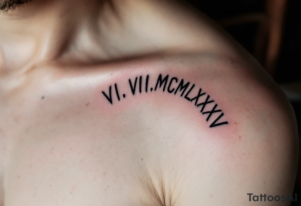 Dark ink VI.VIII.MCMLXXXV arched over the shoulder blade, with cracked marble texture for a timeless look. tattoo idea