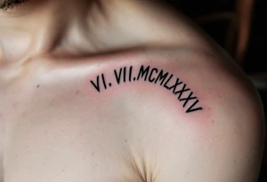 Dark ink VI.VIII.MCMLXXXV arched over the shoulder blade, with cracked marble texture for a timeless look. tattoo idea