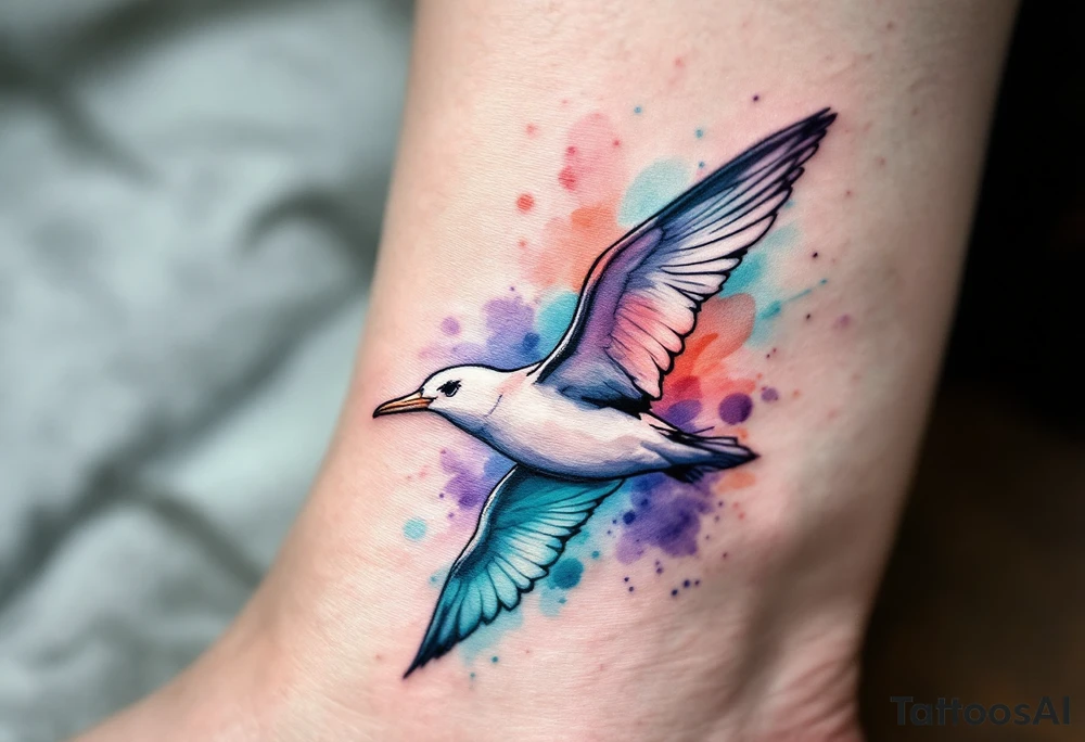 Watercolor Albatross Tattoo – A flowing watercolor background in aqua, lavender, and coral, with a soft-shaded albatross outlined in black, adding a dreamy, artistic feel. tattoo idea