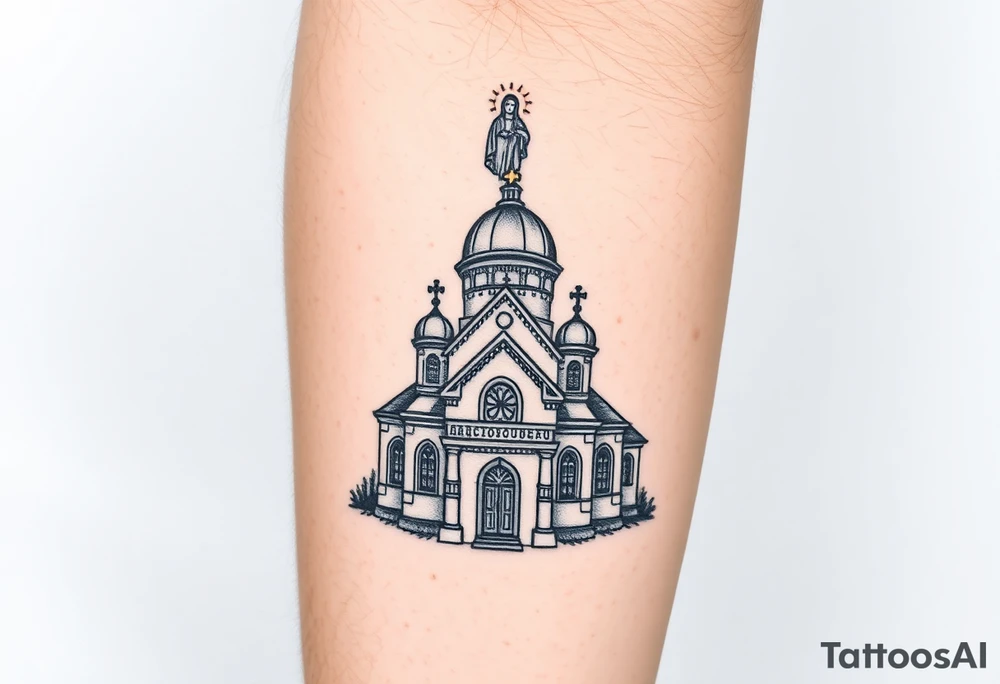 in a dorsal view a detailed orthodox church with a band at the front shrouded with a mist above and fading into a virgin mary overlooking above at the top tattoo idea
