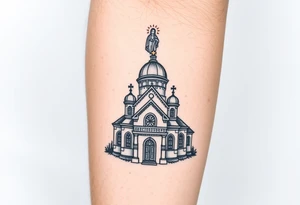 in a dorsal view a detailed orthodox church with a band at the front shrouded with a mist above and fading into a virgin mary overlooking above at the top tattoo idea