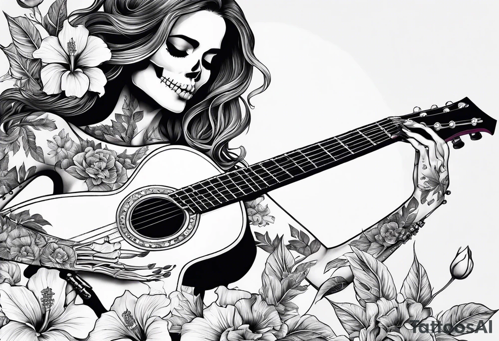 female skeleton playing guitar. Hibiscus flower tattoo idea