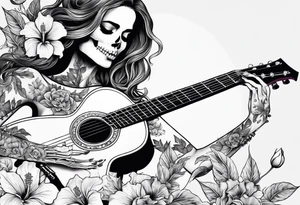 female skeleton playing guitar. Hibiscus flower tattoo idea