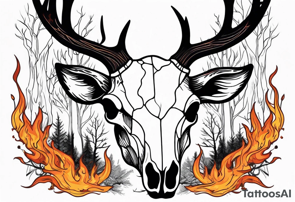 Scary side profile of a DECAYING deer skull JUST BONE surrounded by a flames and trees tattoo idea