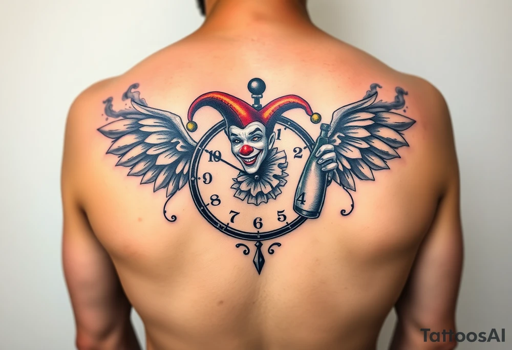 a jester clown floating in smoke with a  clock, the time says 420,  with two open wings besides the clock, smoke as the spring rising from the clock, a jester clown coming out the smoke, smoking in one hand with a liquor bottle on the other hand tattoo idea