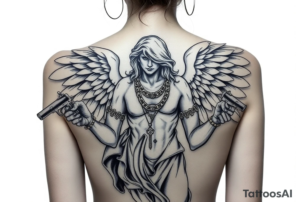 old tattooed angel statue in criminal style, weapons in hand, gangster-style gold necklaces tattoo idea