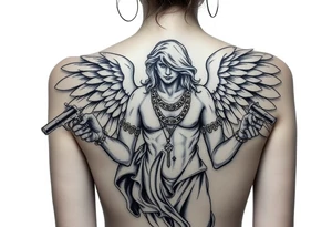 old tattooed angel statue in criminal style, weapons in hand, gangster-style gold necklaces tattoo idea