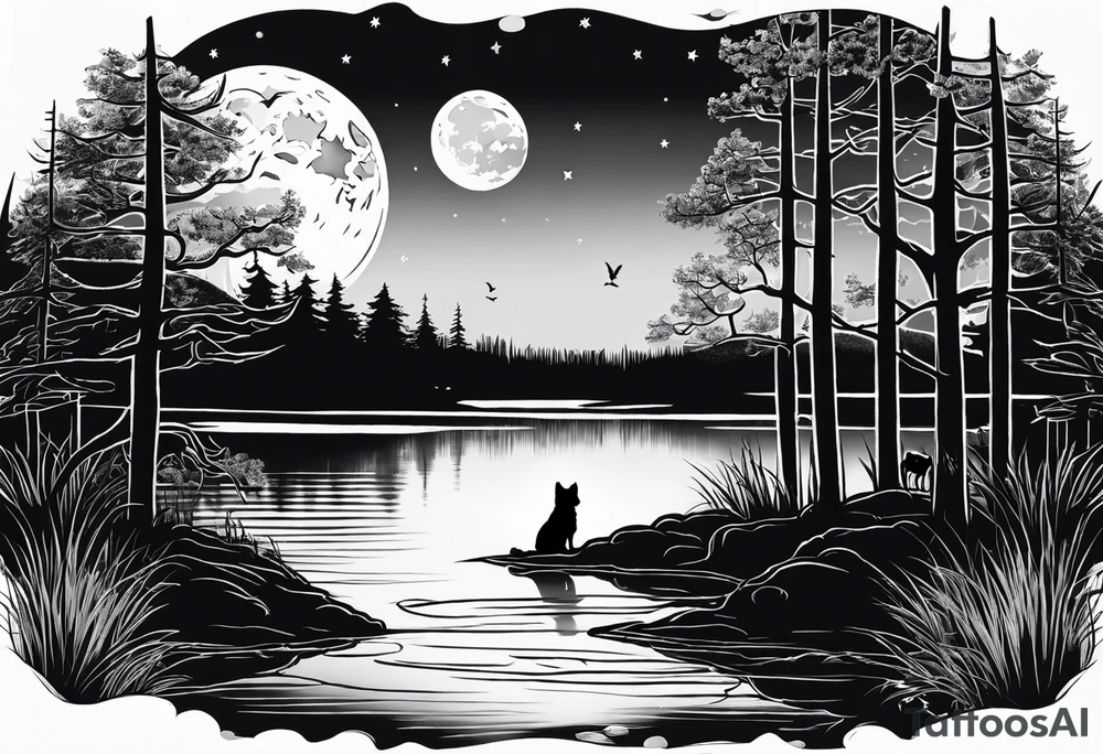 A forest with a lake. In the middle of the lake there is a gate. Outside of the gate sitting a yorkshire terrier. Full moon on backroun. The moon is crying. tattoo idea