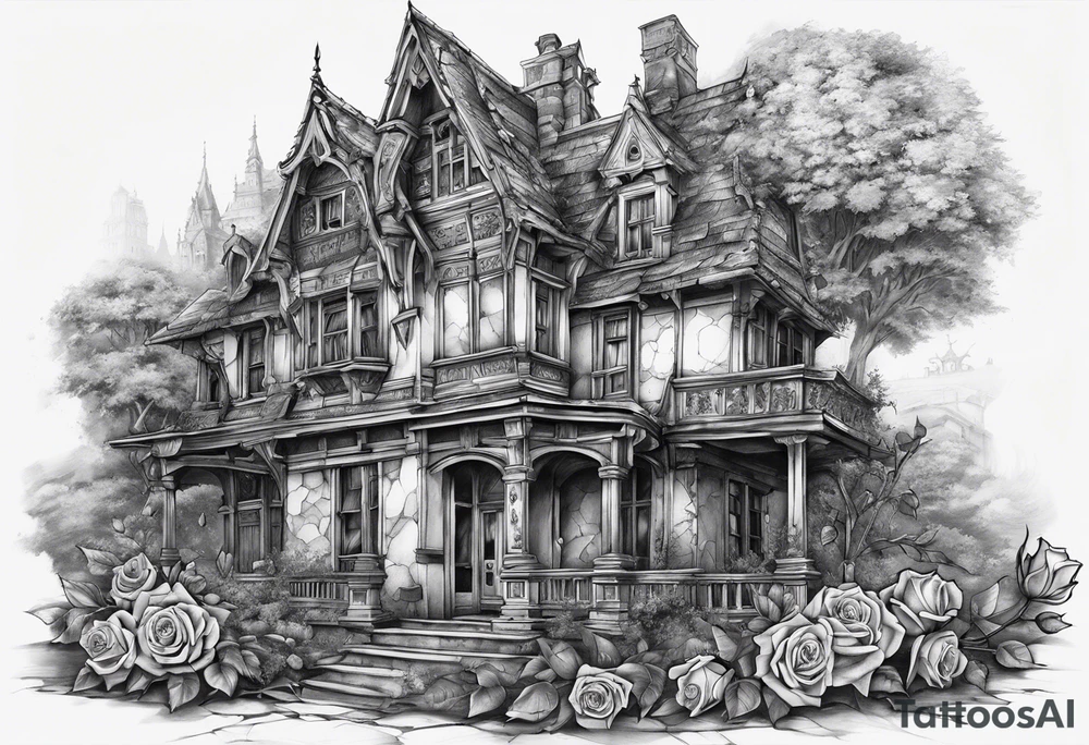 fool sleeve,, abandoned old gotic house, broken sword, roses, tattoo idea