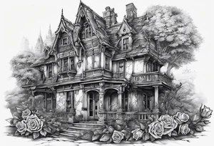 fool sleeve,, abandoned old gotic house, broken sword, roses, tattoo idea