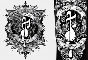 Armband tattoo, combining:
music notes, this text: タランチュラ, digits.
Add detailed patterns and air-like effects tattoo idea