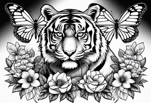 tiger, 3 buterflies, flowers tattoo idea