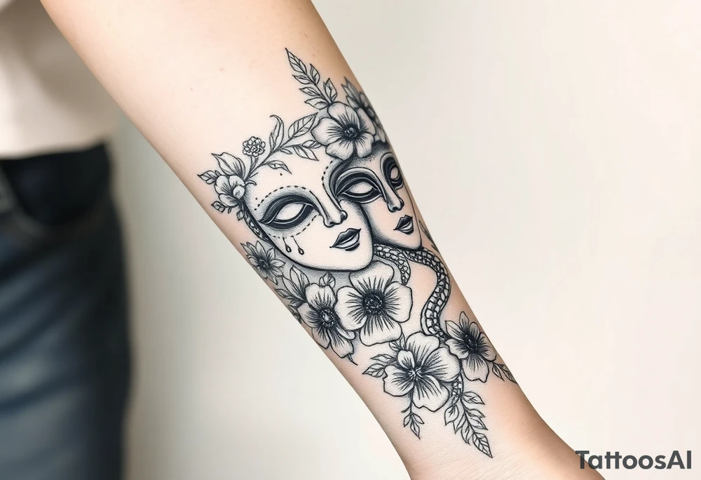 I want a two face masked tattoo with flowers, snakes , vines, jungle like all around On the forearm going down to my hand with cute flowers on it tattoo idea